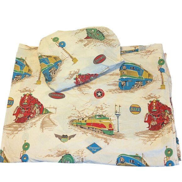 The Company Store Train Railroad Print Twin Sheet Set Cotton Flat & Fitted Child - Picture 2 of 6